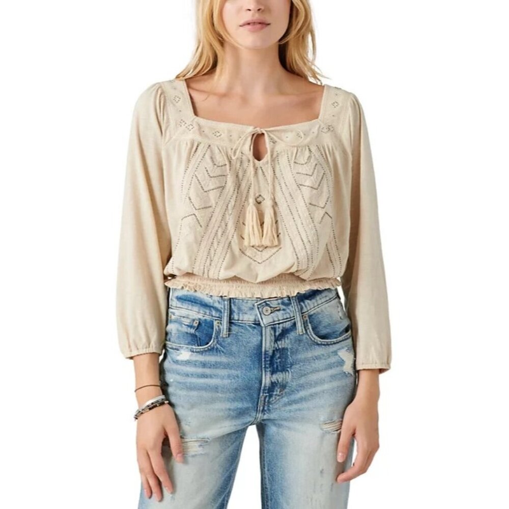 Lucky Brand Women's Beaded Embroidered Peasant Top Beige Size XL MSRP $90